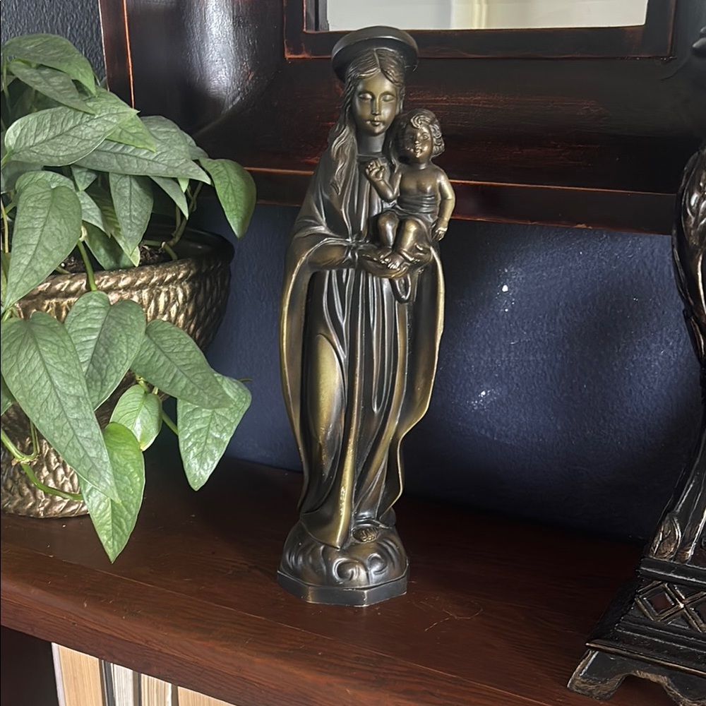 Bronze-Colored Madonna and Child Statue
